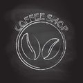 Coffee shop badge, emblem or label with coffee beans icon isolated on blackboard texture with chalk rubbed background. Vector illu Royalty Free Stock Photo